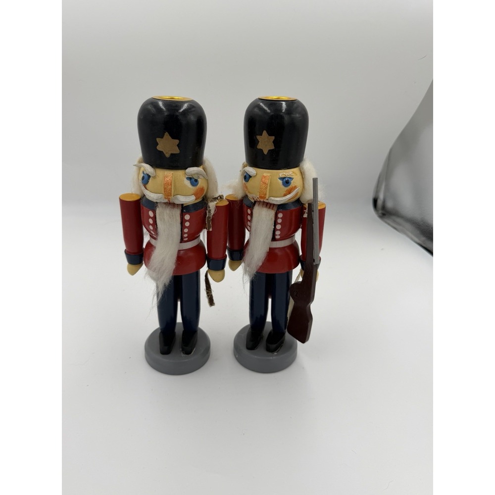 Vintage Wooden Soldier Candle Holders Nutcracker Style Pair 10" Christmas